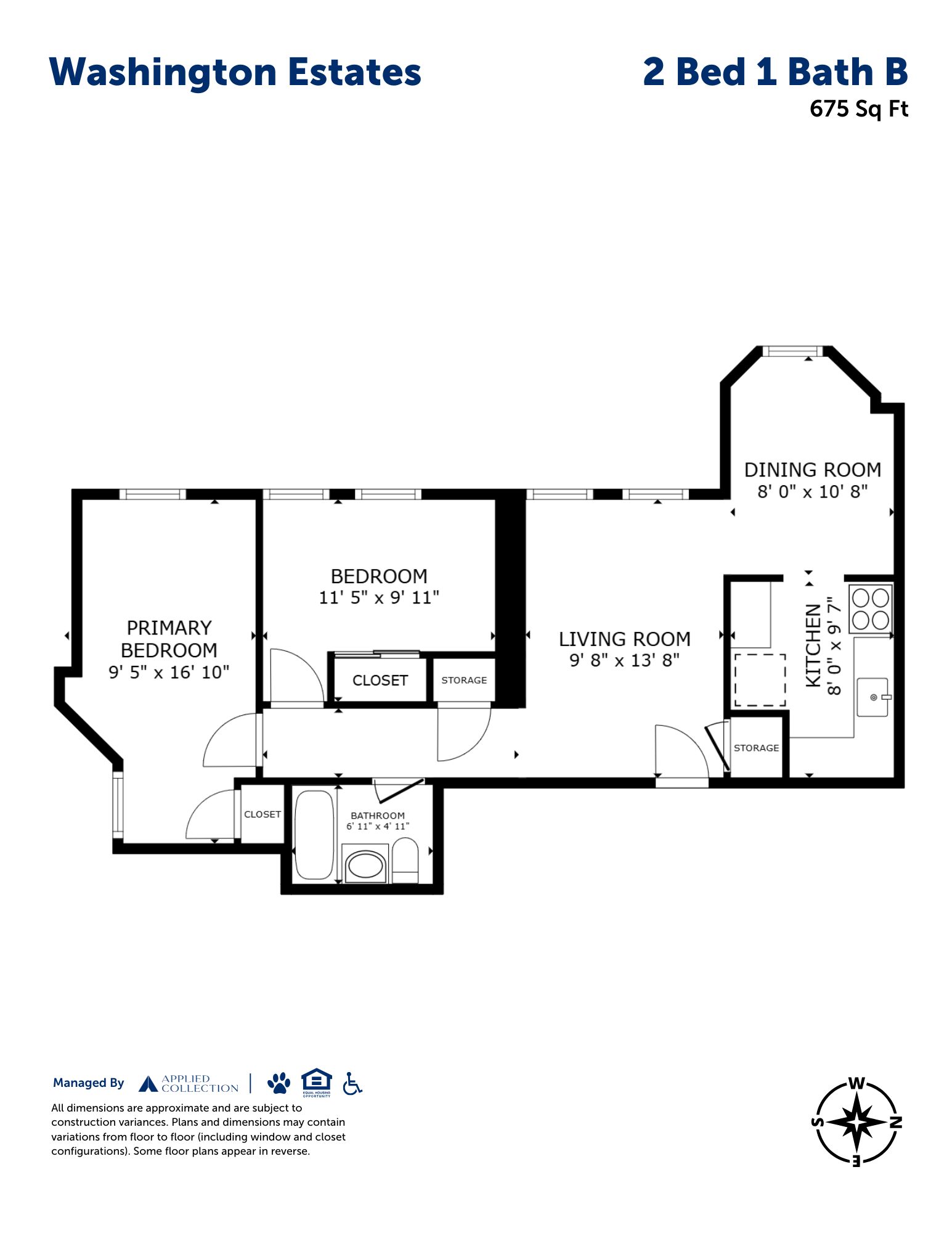 Floor plan for 2 beds, 1 bath, 675 sqft